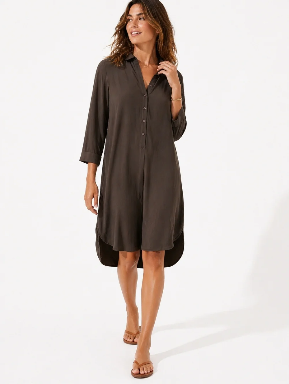 Lafayette 148 New York Silk Linen Shirt Dress Brown Button Front Midi Size 4 - Picture 1 of 7